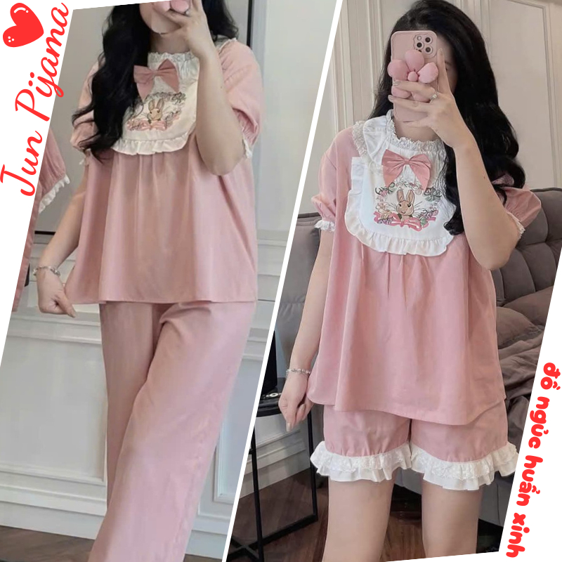 Set đồ ngủ nữ tay ngắn cổ ren họa tiết thỏ hồng pastel dễ thương, bộ pijama nữ mặc nhà  chất liệu cotton lụa HCOM25247