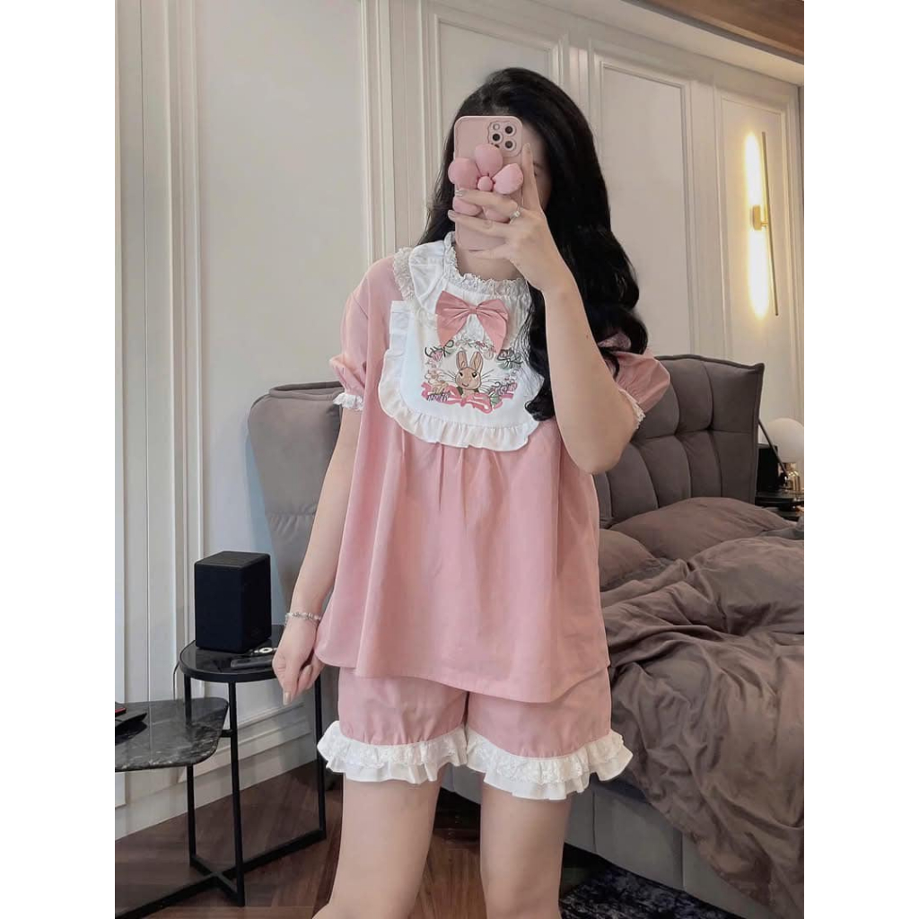 Set đồ ngủ nữ tay ngắn cổ ren họa tiết thỏ hồng pastel dễ thương, bộ pijama nữ mặc nhà  chất liệu cotton lụa HCOM25247