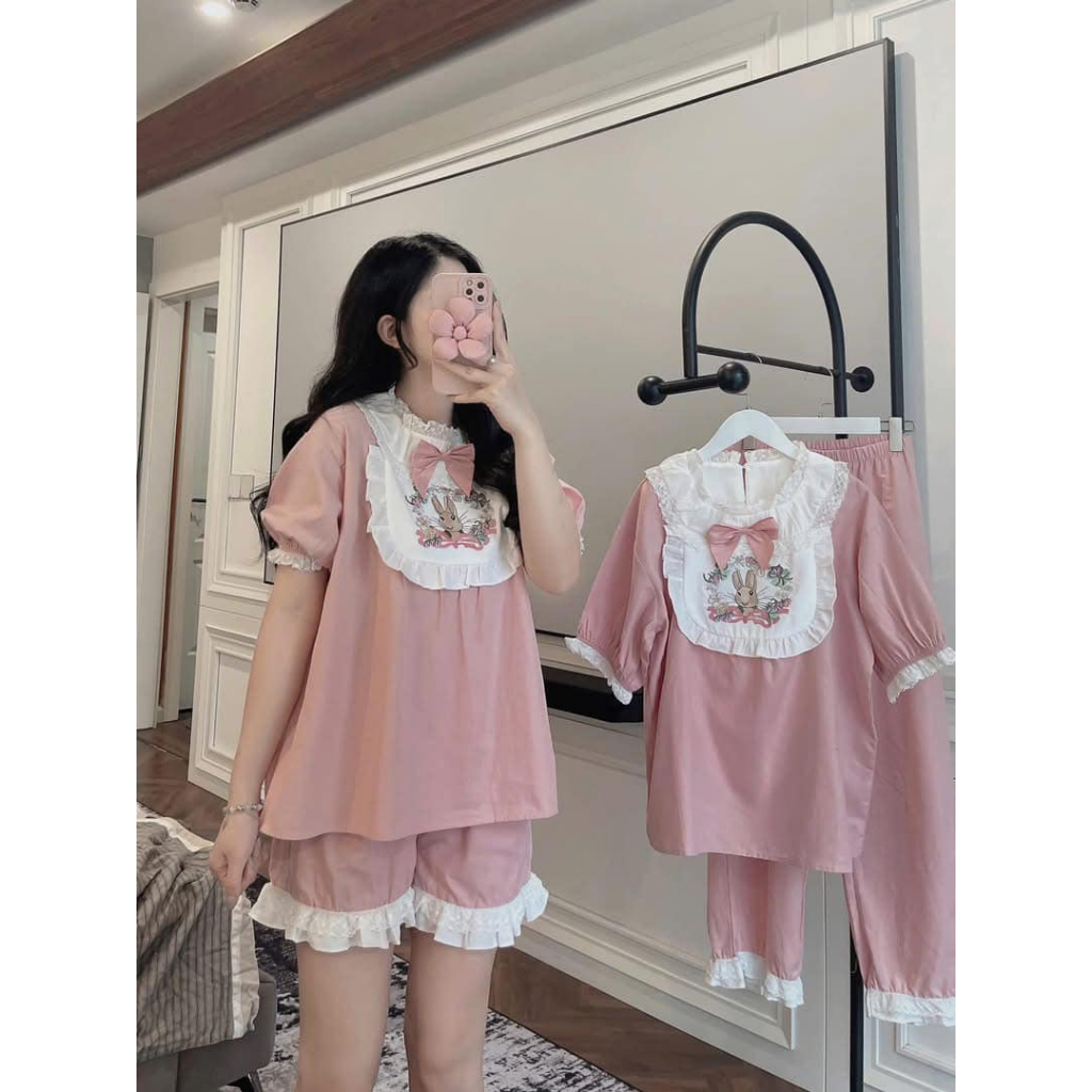 Set đồ ngủ nữ tay ngắn cổ ren họa tiết thỏ hồng pastel dễ thương, bộ pijama nữ mặc nhà  chất liệu cotton lụa HCOM25247