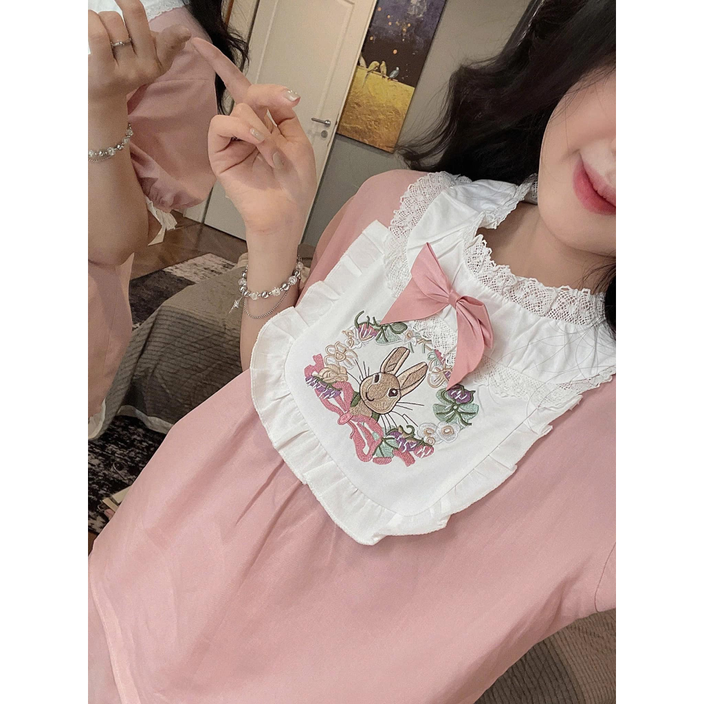 Set đồ ngủ nữ tay ngắn cổ ren họa tiết thỏ hồng pastel dễ thương, bộ pijama nữ mặc nhà  chất liệu cotton lụa HCOM25247