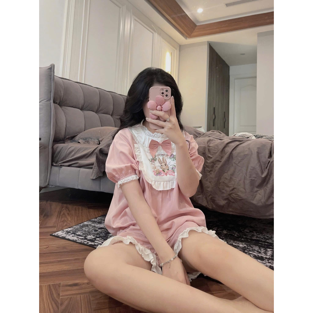 Set đồ ngủ nữ tay ngắn cổ ren họa tiết thỏ hồng pastel dễ thương, bộ pijama nữ mặc nhà  chất liệu cotton lụa HCOM25247