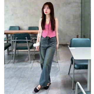 Quần Jean Suông Trơn Basic Nữ Cạp Cao Leda Nấm Lùn 95cm