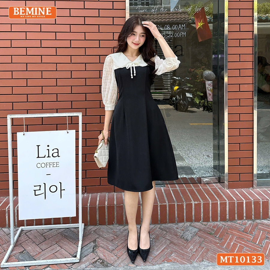 Ảnh Đầm thiết kế BEMINE cổ V phối ren thêu hoa tay lửng dáng chữ A phù hợp đi làm, đi chơI-MT10133 3