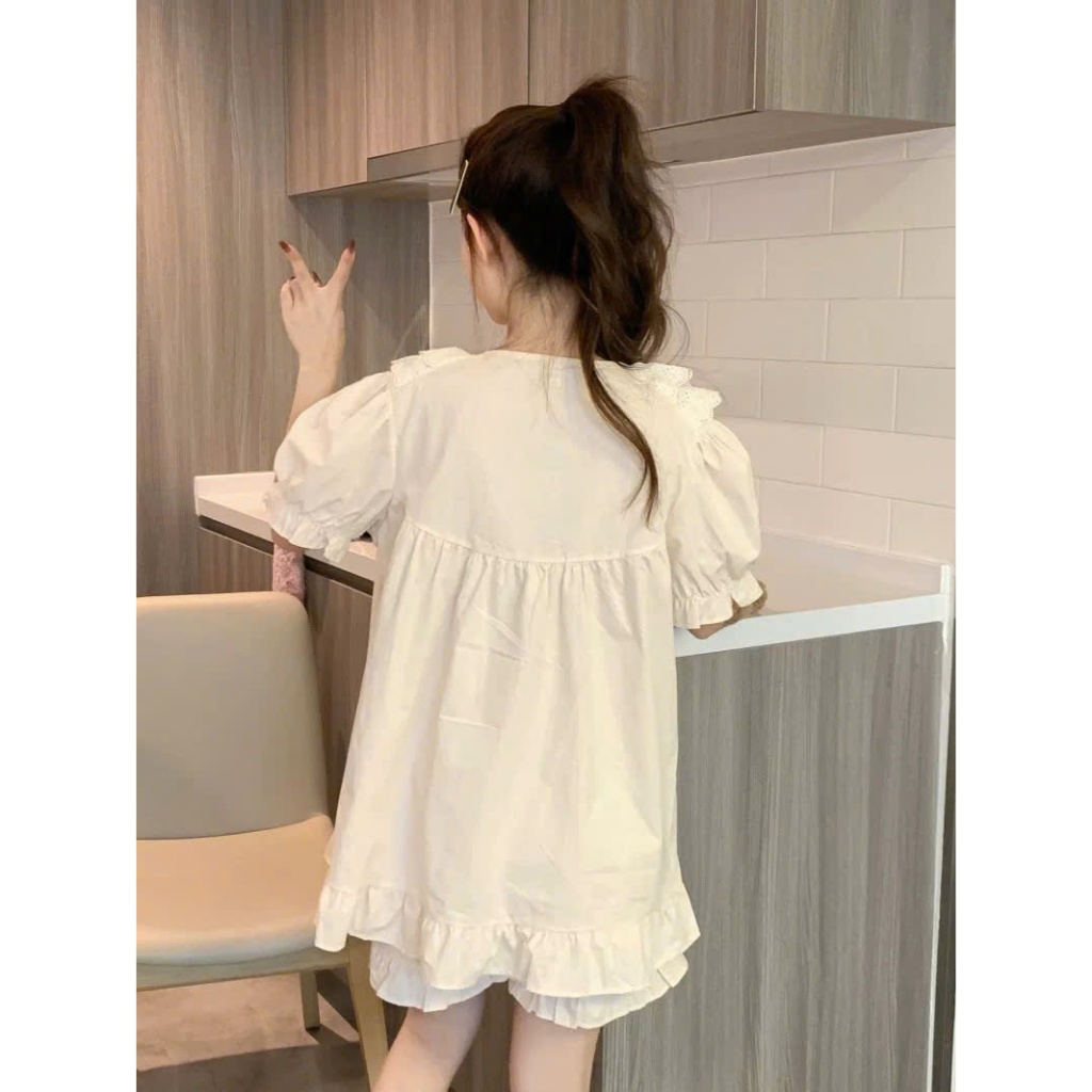 Set đồ ngủ nữ dáng suông cổ tròn viền ren họa tiết vintage xinh xắn, bộ pijama nữ mặc nhà nhẹ nhàng nữ tính HCOM25154
