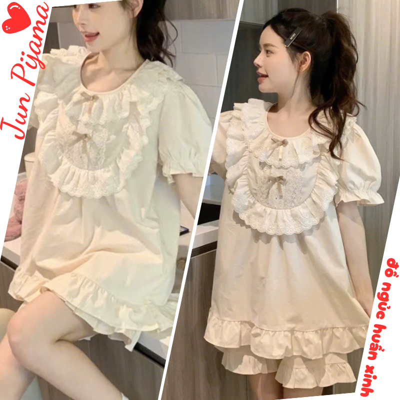 Set đồ ngủ nữ dáng suông cổ tròn viền ren họa tiết vintage xinh xắn, bộ pijama nữ mặc nhà nhẹ nhàng nữ tính HCOM25154