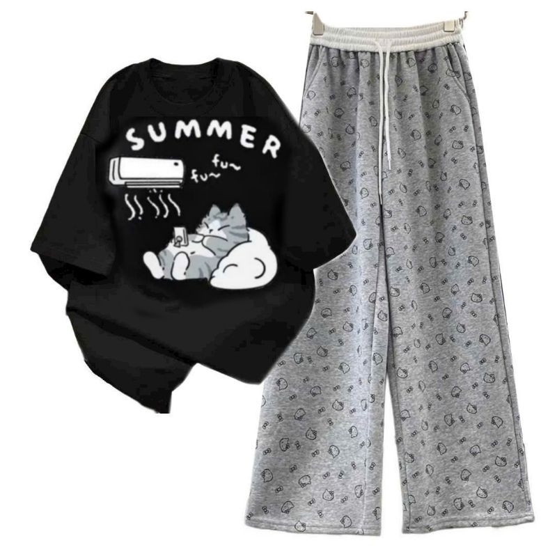 Tổng hợp các sét bộ Quần ống rộng + mix áo phông unisex form rộng- Chữ SUMMER