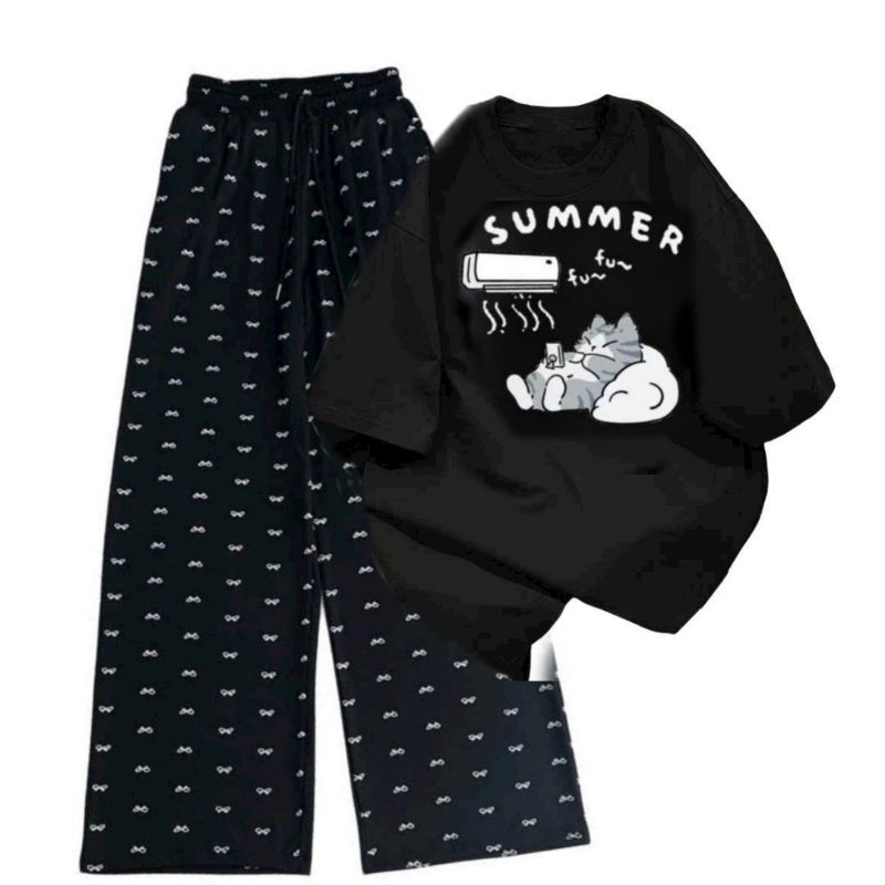 Tổng hợp các sét bộ Quần ống rộng + mix áo phông unisex form rộng- Chữ SUMMER