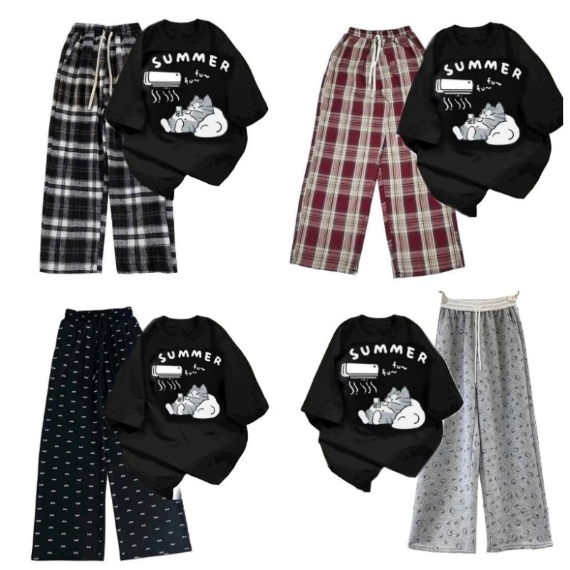 Tổng hợp các sét bộ Quần ống rộng + mix áo phông unisex form rộng- Chữ SUMMER