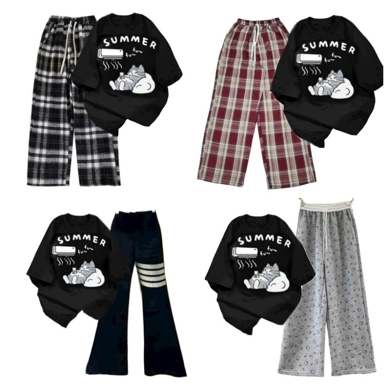 Tổng hợp các sét bộ Quần ống rộng + mix áo phông unisex form rộng- Chữ SUMMER