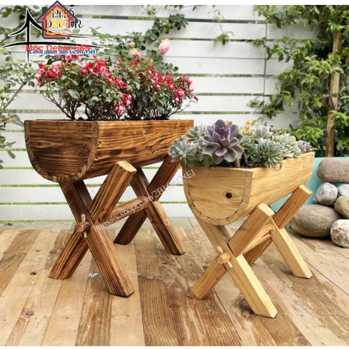 Chậu Gỗ Trồng Cây Dài Trang Trí Ban Công Sân Vườn Có Giá Đỡ, Chậu Trồng Cây Trang Trí Vườn Vintage Độc Đáo — ảnh 1