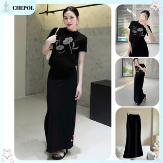 Bộ Áo Phông Nữ Chepol Form Rộng, Cổ Tròn, Tay Ngắn, In Hoa, Chất Cotton Cao cấp (Áo Thun Đen + Chân Váy Suông)- CP_x4114