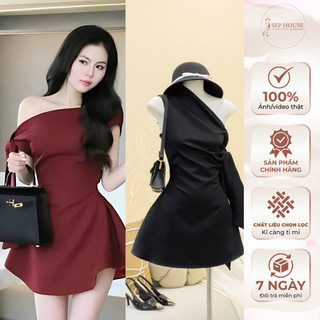 Đầm váy liền thân lệch trễ vai cột nơ dáng ngắn tôn dáng xoè bồng màu trắng kem đi tiệc sang chảnh _SEP House