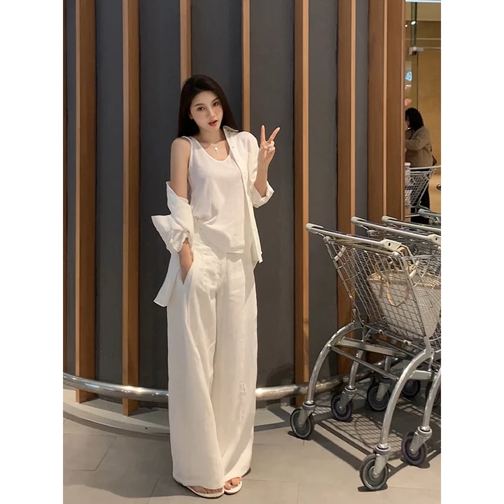 Set đồ nữ sang chảnh đi biển mùa hè - SUMMER SPRING TEA - Set đũi nữ áo sơ mi và quần ống rộng đi chơi đi biển
