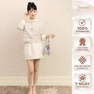 Set áo dạ TWeed sọc xanh tay dài cổ sen cúc đá phối chân váy Tafta trẻ trung năng động thanh lịch _SEP House