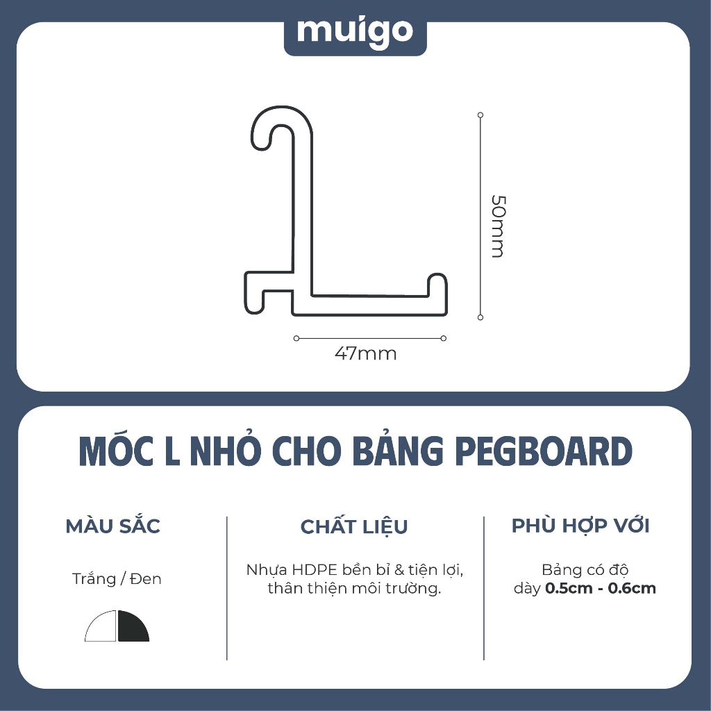 Bộ 4 móc chữ L nhỏ cho Pegboard Lỗ Dọc | Phụ Kiện Pegboard Đa Năng