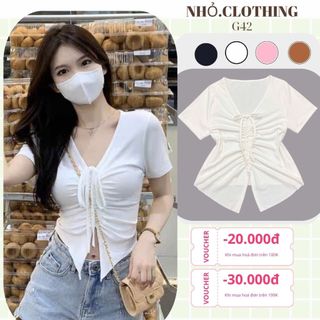 Áo thun nữ bigsize tà nhọn cổ rút dây ở giữa tôn vòng một áo tay ngắn chất liệu gân tăm cao cấp mặc thoáng mát G42