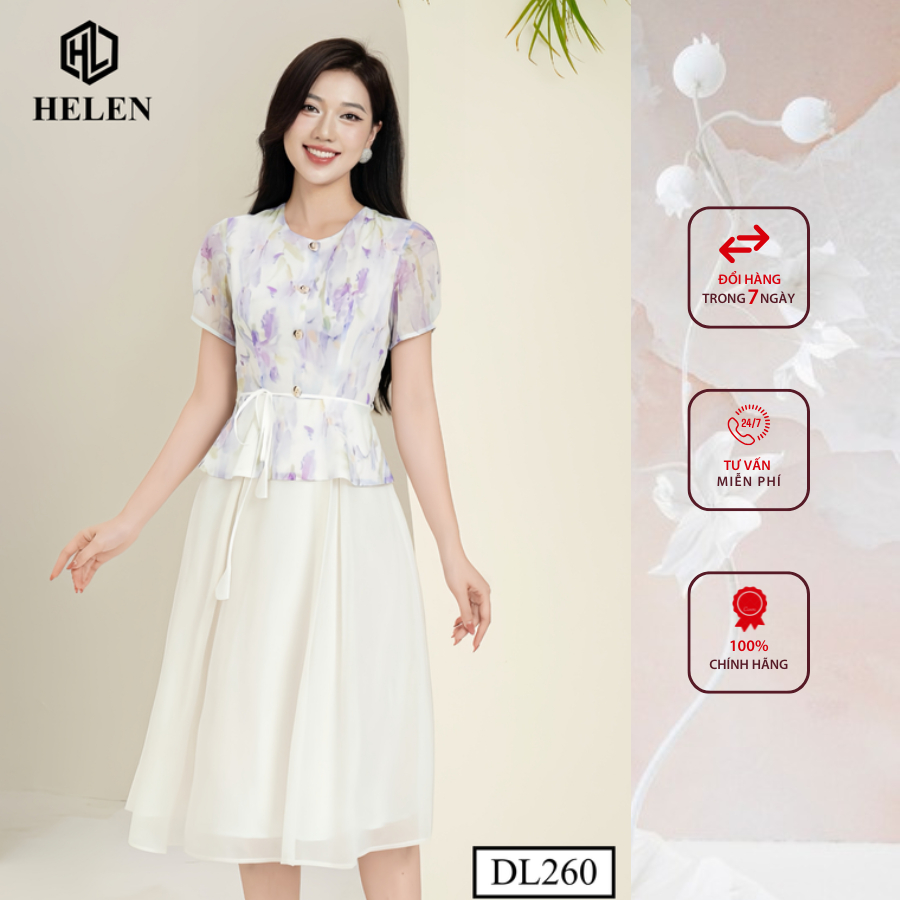Đầm công sở HELEN thiết kế dáng xòe peplum hoa tím phối chân kem dây eo DL260