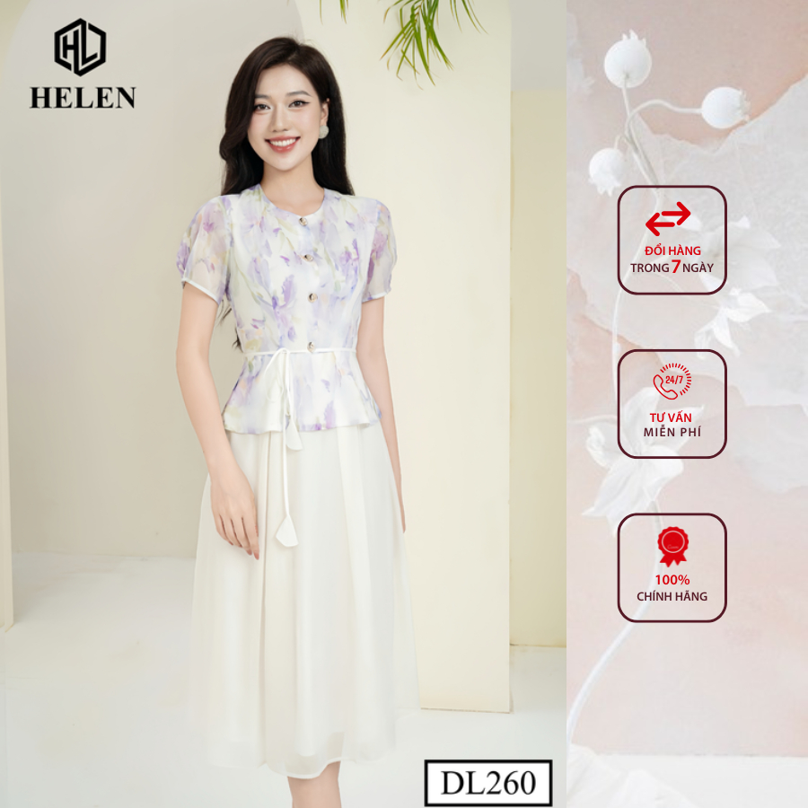 Đầm công sở HELEN thiết kế dáng xòe peplum hoa tím phối chân kem dây eo DL260