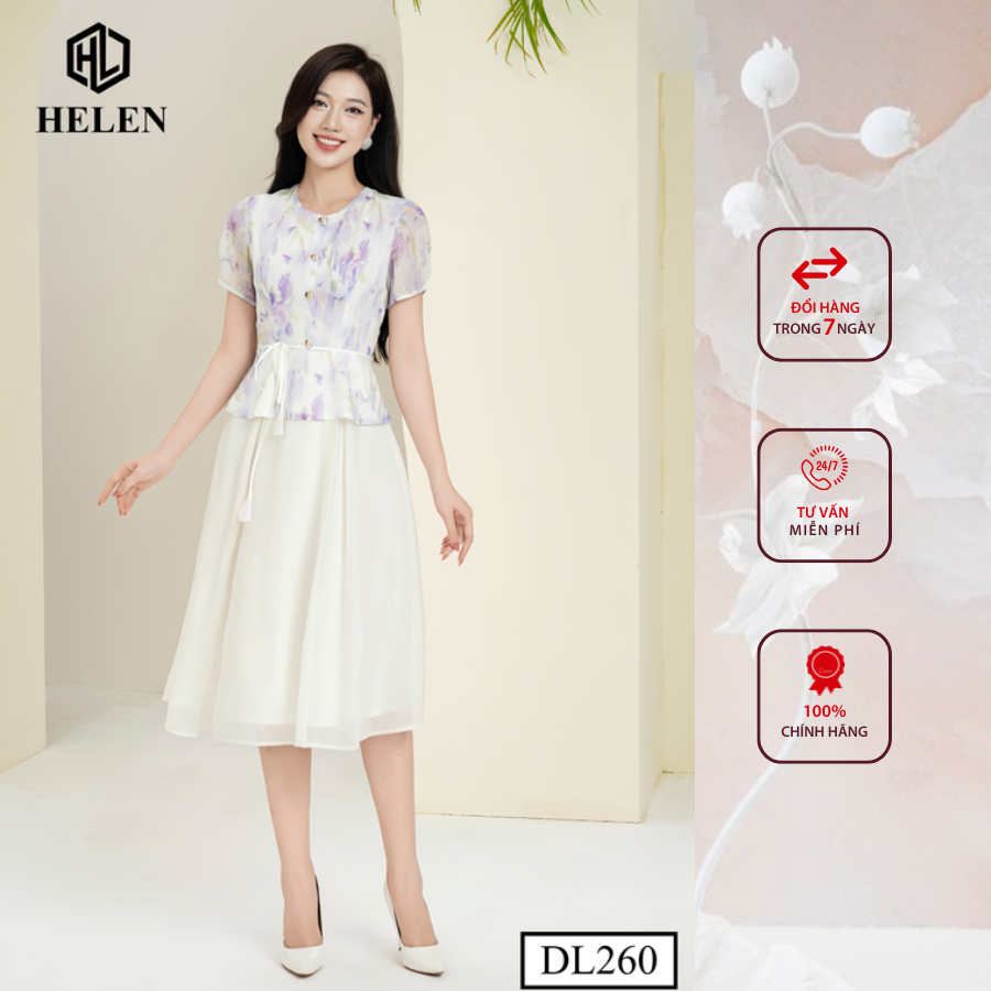 Đầm công sở HELEN thiết kế dáng xòe peplum hoa tím phối chân kem dây eo DL260