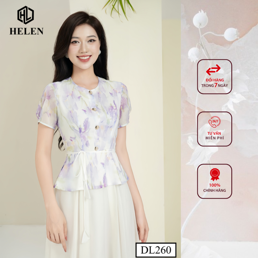 Đầm công sở HELEN thiết kế dáng xòe peplum hoa tím phối chân kem dây eo DL260