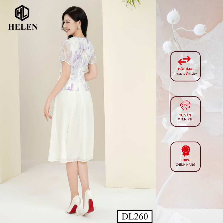 Đầm công sở HELEN thiết kế dáng xòe peplum hoa tím phối chân kem dây eo DL260
