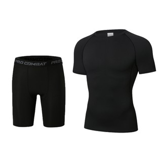 Combo quần đùi áo ngắn tay giữ nhiệt tập Gym nam PRO COMBAT, Set quần áo thể thao tập thể hình nam, chạy bộ, đá bóng nam