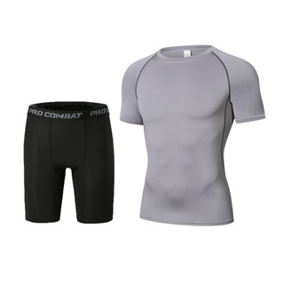 Combo quần đùi áo ngắn tay giữ nhiệt tập Gym nam PRO COMBAT, Set quần áo thể thao tập thể hình nam, chạy bộ, đá bóng nam