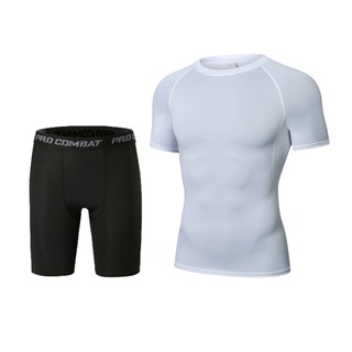 Combo quần đùi áo ngắn tay giữ nhiệt tập Gym nam PRO COMBAT, Set quần áo thể thao tập thể hình nam, chạy bộ, đá bóng nam