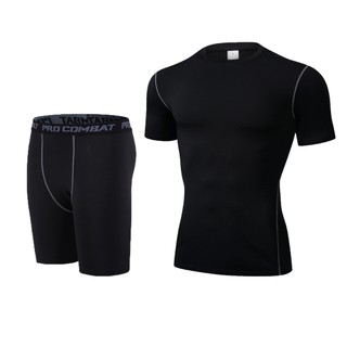 Combo quần đùi áo ngắn tay giữ nhiệt tập Gym nam PRO COMBAT, Set quần áo thể thao tập thể hình nam, chạy bộ, đá bóng nam