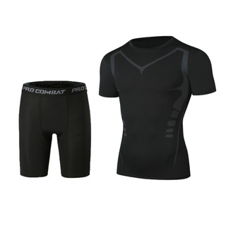 Combo quần đùi áo ngắn tay giữ nhiệt tập Gym nam PRO COMBAT, Set quần áo thể thao tập thể hình nam, chạy bộ, đá bóng nam