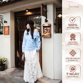 (Hàng loại 1)Set áo lệch vai cổ bẻ tay dài xanh dương phối chân váy ren dài dáng xoè 2 lớp lưng chun SEP House