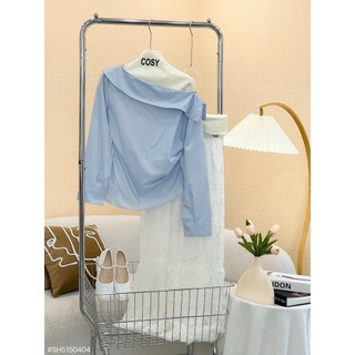 (Hàng loại 1)Set áo lệch vai cổ bẻ tay dài xanh dương phối chân váy ren dài dáng xoè 2 lớp lưng chun SEP House