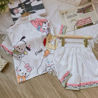 [13k - 46kg] Bộ đồ ngủ lụa baby three trẻ em cao cấp - Bộ bé gái cộc tay mùa hè lụa - hoạ tiết baby three