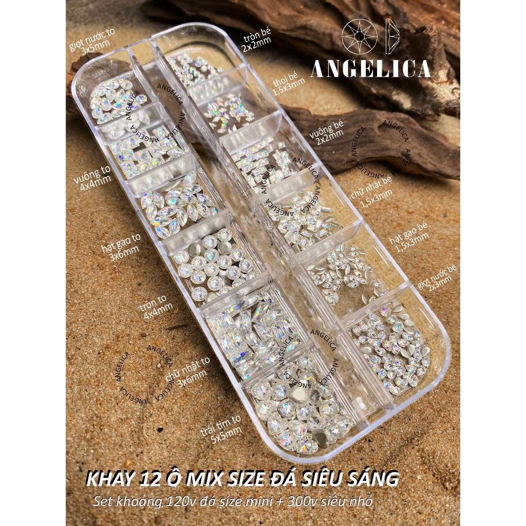 khay 12 Ô Mix Size Đá Siêu Sáng ANGELICA ( 420 Viên ) - Trang Trí Móng Siêu Đẹp K12-DSS