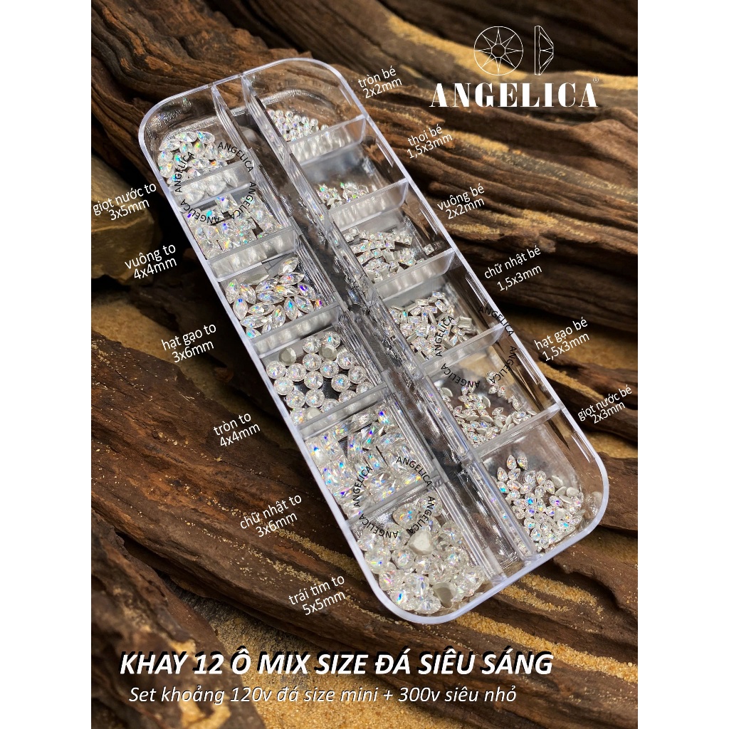 khay 12 Ô Mix Size Đá Siêu Sáng ANGELICA ( 420 Viên ) - Trang Trí Móng Siêu Đẹp K12-DSS