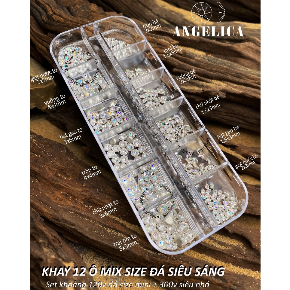 khay 12 Ô Mix Size Đá Siêu Sáng ANGELICA ( 420 Viên ) - Trang Trí Móng Siêu Đẹp K12-DSS