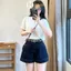 Quần Short Jean Hari Nữ Cạp Cao Xanh Than Chỉ Nổi Basic Dễ Phối Đồ Đi Chơi Đi Biển