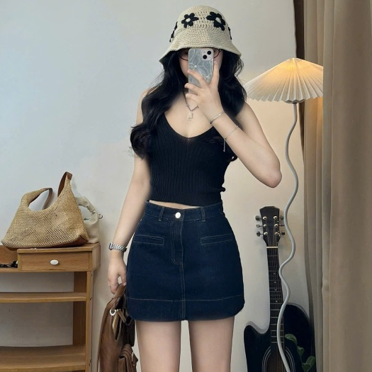 Chân váy jeans dáng ngắn túi cơi, cạp cao dáng basic Joolate 7931 P8k4