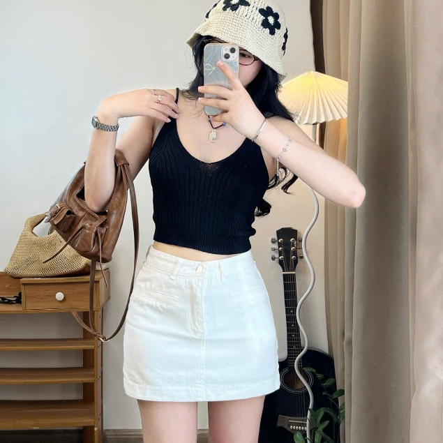 Chân váy jeans dáng ngắn túi cơi, cạp cao dáng basic Joolate 7931 P8k4