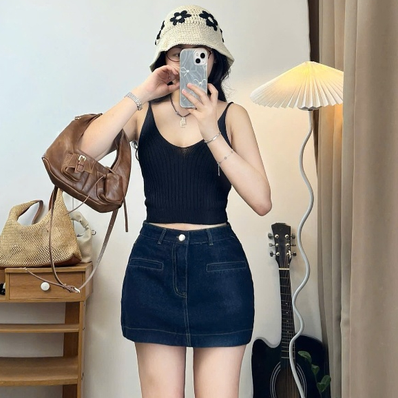 Chân váy jeans dáng ngắn túi cơi, cạp cao dáng basic Joolate 7931 P8k4