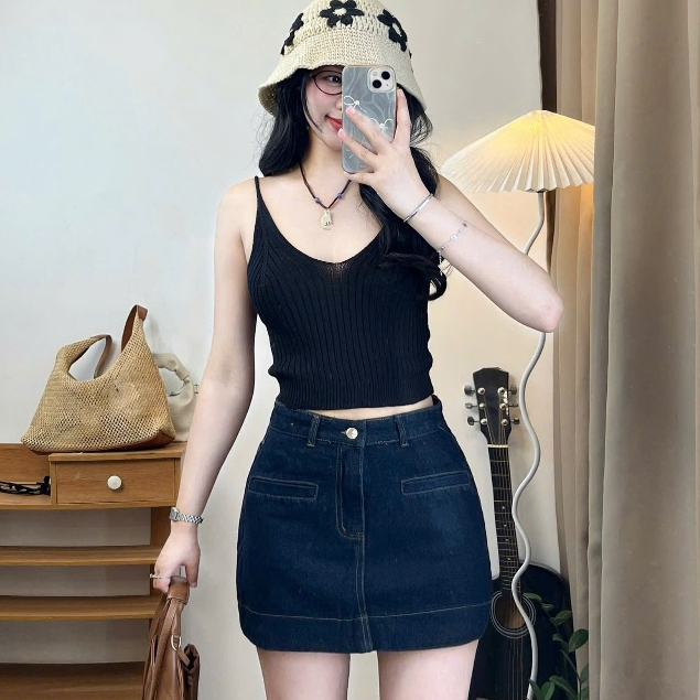Chân váy jeans dáng ngắn túi cơi, cạp cao dáng basic Joolate 7931 P8k4
