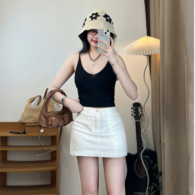 Chân váy jeans dáng ngắn túi cơi, cạp cao dáng basic Joolate 7931 P8k4