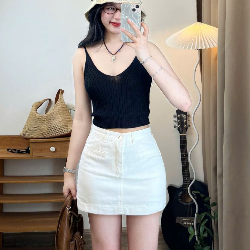 Chân váy jeans dáng ngắn túi cơi, cạp cao dáng basic Joolate 7931 P8k4
