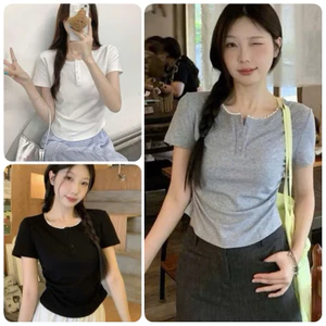 Áo thun cộc tay khuy cúc cổ ren,áo babytee cổ tròn vải cotton co giãn thoáng mát
