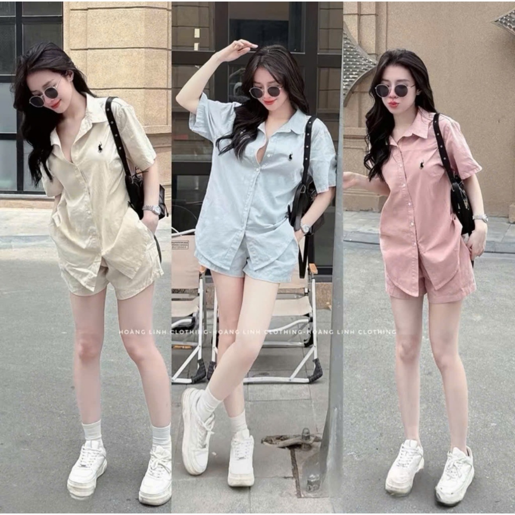 Set Đồ Áo Sơ Mi Kèm Quần  Thêu Ngựa Nổi Chất Vải Thô Mịn QC Mềm Mát Năng Động Chào Hè 2026