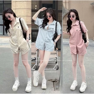 Set Đồ Áo Sơ Mi Kèm Quần Thêu Ngựa Nổi Chất Vải Thô Mịn QC Mềm Mát Năng Động Chào Hè 2026