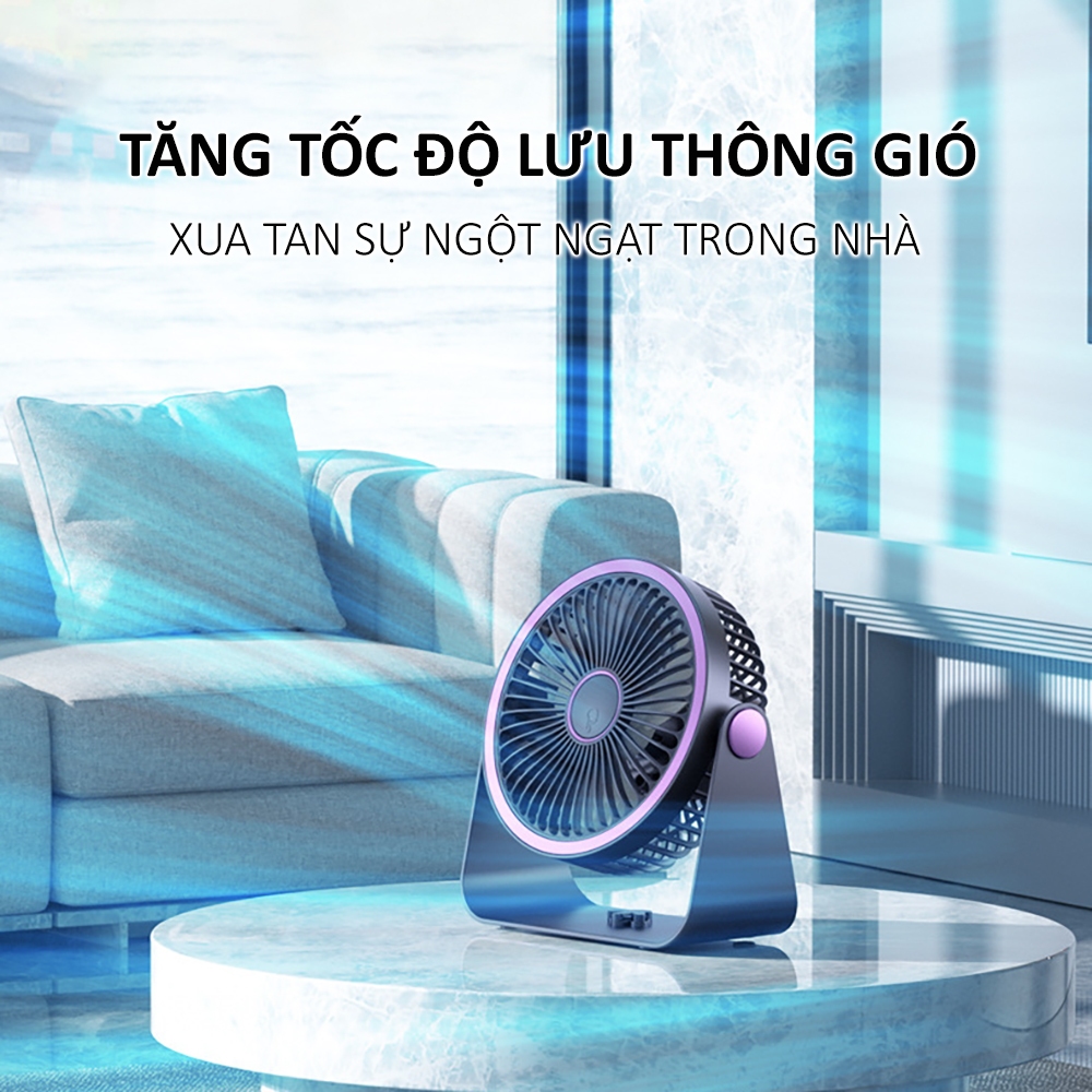 Quạt để bàn tích điện 5 cấp độ gió , quạt để văn phòng, treo nhà vệ sinh, có led, pin trâu 4h