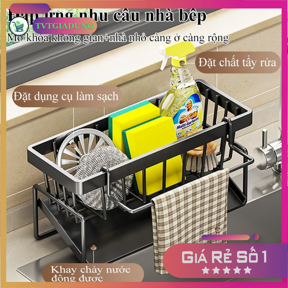 Kệ Để Giẻ Rửa Chén Bát Đa Năng Bằng Sắt Sơn Tĩnh Điện, Khay Hứng Nước Nghiêng 45 Độ Tự Thoát