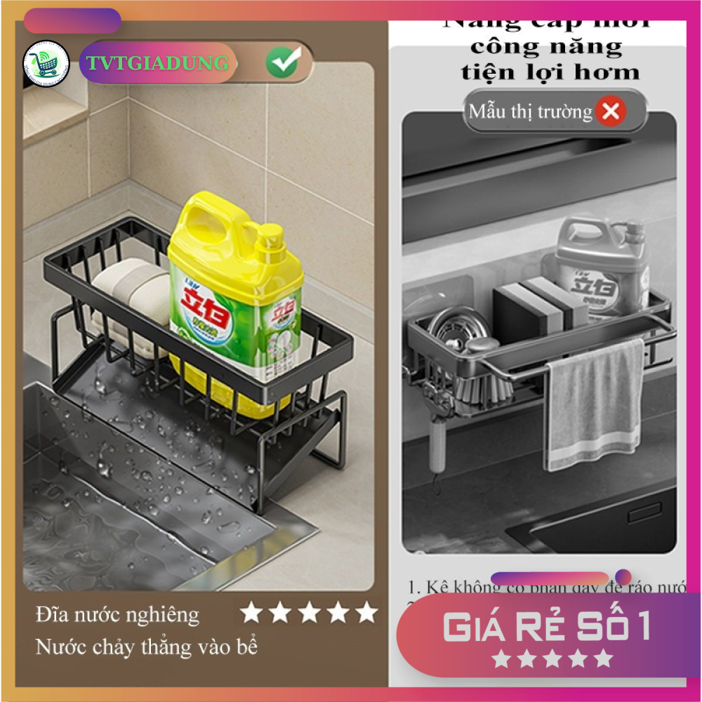 Kệ Để Giẻ Rửa Chén Bát Đa Năng Bằng Sắt Sơn Tĩnh Điện, Khay Hứng Nước Nghiêng 45 Độ Tự Thoát