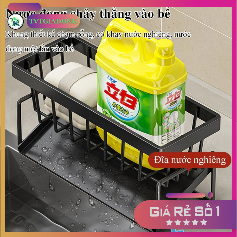 Kệ Để Giẻ Rửa Chén Bát Đa Năng Bằng Sắt Sơn Tĩnh Điện, Khay Hứng Nước Nghiêng 45 Độ Tự Thoát